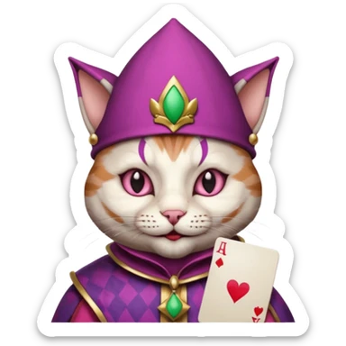 court jester cat medieval, single poker card joker clearly visible, pink, face only, round badge,  court jester cap sticker