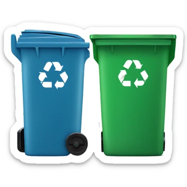 A blue trash can with a lid next to a green recycling bin with a lid sticker