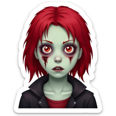 girl zombie with red medium-long shaggy emo hair, dark and spooky, creepy expression sticker