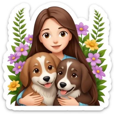 A beautiful girl with long straight hair happily hugs an Alaskan dog in the flowers sticker