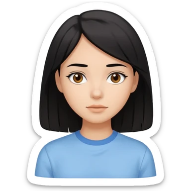 Emoji of a girl with black-brown long bob hair, fair tan skin, brown eyes, soft black eyebrows, pastel blue shirt, clean girl aesthetic, white background  sticker