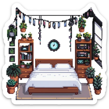 indie bedroom with fairy lights, plants and vinyl records sticker