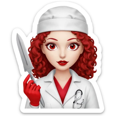 


Scary woman scalpel in hand, evil surgeon sexy surgeon clothes.  She has red eyes. Her  brown long curly hair. Wears sexy doctor outfit with red gloves. make her wear red ski mask  to hide. Wears white surgeon coat, wears  stilettos sticker