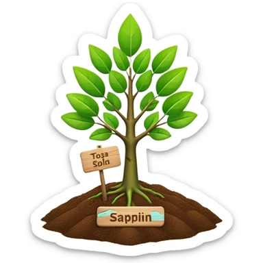 shiny green tree sapling with wooden name tag on soft soil, apple 3d emoji style sticker