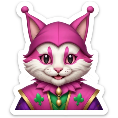 court jester cat medieval, single poker card joker clearly visible, pink, face only sticker