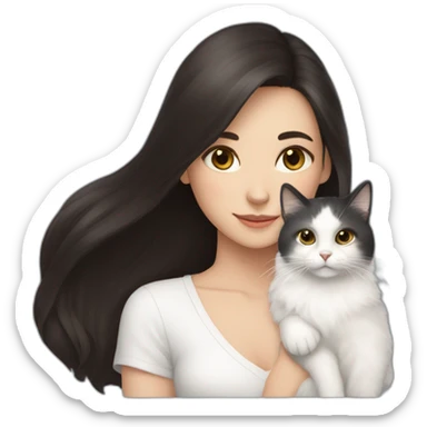 A girl with long dark hair and a white fluffy cat is lying on her right shoulder sticker