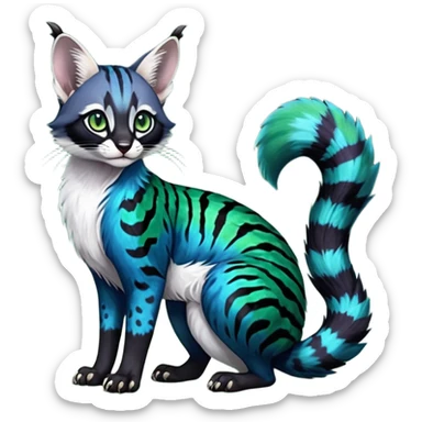 Colorful dark tropical cobalt-blue, black, white fur, with green eyes, iridescent glorious divine exotic cute cool beautiful shiny beautiful fantasy-caracal-civet-genet-sergal-vernid-Cacomistle-Furret-civet-oncilla-animal-Fakémon-hybrid-fursona with pattern markings (full body) sticker