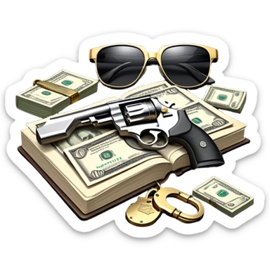 Icon for Action & Crime Reading: an open book, a revolver, handcuffs, a stack of cash. Surrounding elements include a dark alley, a police badge, and a pair of sunglasses. The icon should evoke tension, suspense, and action. Transparent background. sticker
