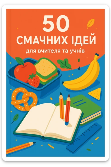 Cover of a guidebook with Ukrainian text: '50 смачних ідей для вчителя та учнів'. Modern style, composition with a book, food, and school supplies, bright colors, positive mood. sticker