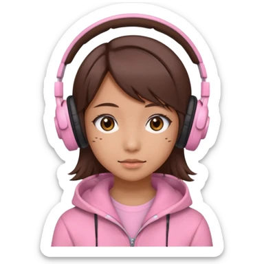a japanese girl with brown layered cut hair. she has dark brown eyes, and has a cute super light pink gaming headphones sticker