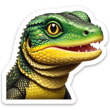 cinematic-realistic-cute-monitor-lizard-portrait-emoji,-head-tilted-playfully-and-inquisitively,-featuring-a-compact,-agile-body-with-finely-detailed,-glossy-scales-in-earthy-black and yellow-hues-and-a-distinct,-alert-face-with-bright,-curious-eyes, black , yellow spotted and green band  scales sticker