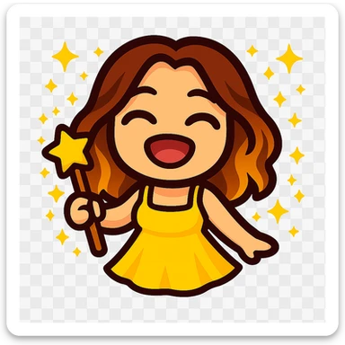 Update this chibi emote to remove the headband and change the outfit to a yellow sundress, laughing with eyes closed sticker