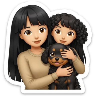 A beautiful girl with long black straight hair and bangs hugs a curly-haired dog sticker