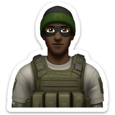 white male, tall, call of duty Logan mask, green camo tactical gear, combat boots, black beanie, hazel eyes sticker