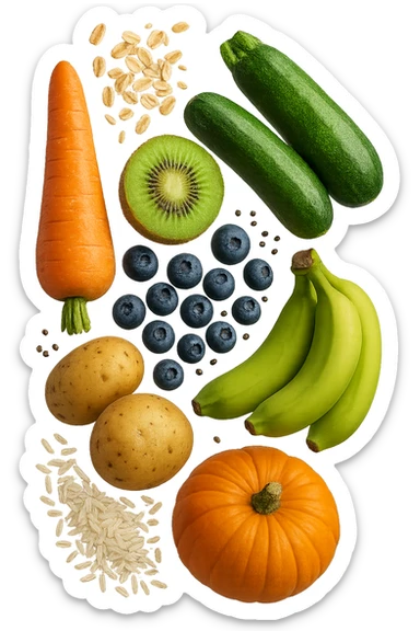 carota, fiocchi di avena, zucchine, kiwi, mirtilli, semi di chia, patate, banane acerbe, zucca, riso fluttuano in aria verticalmente, iperrealistici 4k sticker