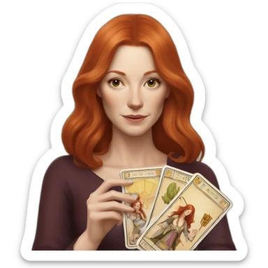 redhead white woman medium long straight hair, holding a tarot card in her hand sticker