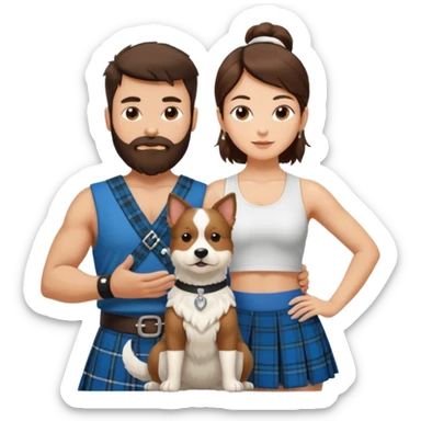 emoji of brunette man with beard wearing kilt, brunette woman in yoga outfit and one white fluffy dog sticker