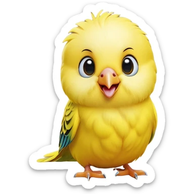 Cinematic Comical Yellow Budgie Portrait Emoji, Head tilted dramatically with an exaggeratedly amused expression, featuring a striking yellow feathered fur with a glossy finish, wide, expressive dark eyes filled with playful disbelief, Simplified yet hilariously expressive features, highly detailed, glowing with a slightly sassy glow, high shine, dramatic yet playful, stylized with an air of cheeky mischief, bright and endearing, soft glowing outline, capturing the essence of a spirited and over-the-top budgie, so meme-worthy it feels like it could side-eye its way into internet fame instantly! sticker
