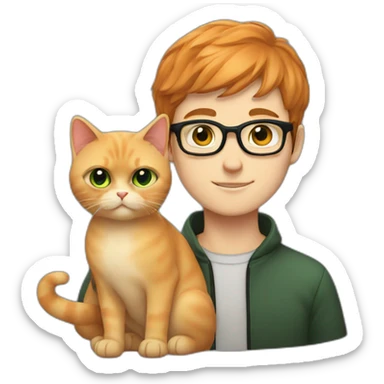 Boy with green eyes, glasses, with black short hair, with orange Persian cat sticker