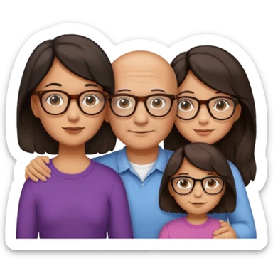Papà calvo con occhiali, mamma capelli neri occhi marroni no occhiali, figlia capelli marroni mossi e occhiali tartarugati con montatura spessa occhi marroni, figlia capelli lisci marroni occhiali neri con montatura grande e fina occhi marroni  sticker