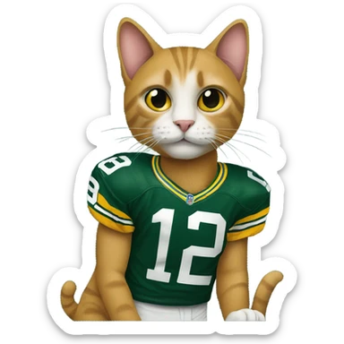 A cat wearing a Green Bay Packers jersey sticker
