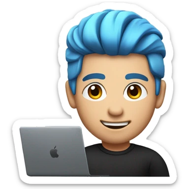 memoji of a man with a laptop in front, apple-style, modern, blue hair, black sweater, computer in hand, sites on a desk sticker