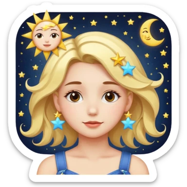 An Emoji of girl, who can be described by three words: sun, moo, star sticker