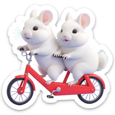 adorable white chinchilla pair on a two-seater bike, fluffy texture, whimsical sticker
