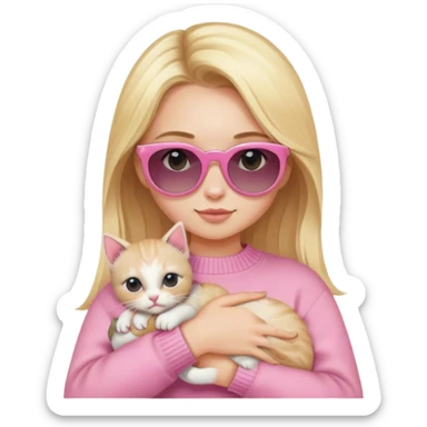 A girl with blonde hair, sunglasses, a pink jumper and a small kitten in her arms
 sticker