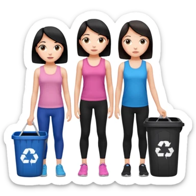 generate a genmoji of a black haired girl in a pink tank top and black leggings holding a black trash bag. Standing with her is a brunette girl in a similar blue tank top and black leggings.
Standing in front of a dustbin sticker