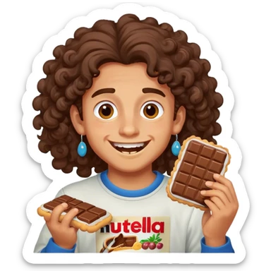 medium skin smiling boy with long curly hair and with earrings eating nutella biscuits ravenously sticker