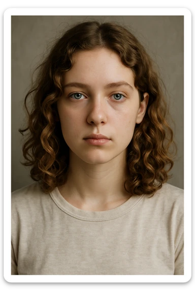 white girl with dark blonde shoulder length curly hair and blue-green eyes, neutral expression, upper body portrait sticker