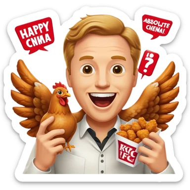 "Create an emoji of a white man holding KFC chicken wings with a happy and excited expression. Add the phrase 'Absolute Cinema' in bold text, making sure it is clearly visible and well-integrated into the design. Use a vibrant and expressive style." sticker