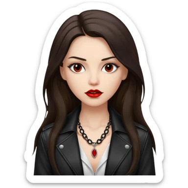 brunette with very long hair in black cuir jacket with red lips and very dark brown eyes and white shirt and mysterious necklace sticker