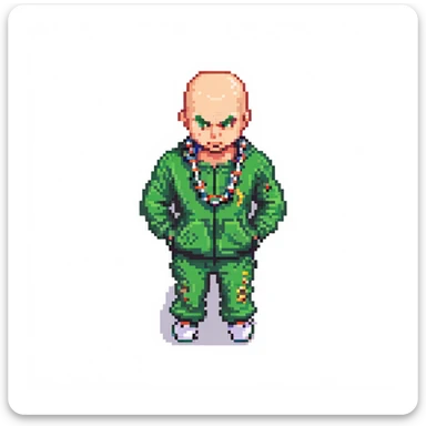 Pixel art thug in tracksuit, holding chain, bald head, angry expression, side view, retro arcade sprite
 sticker