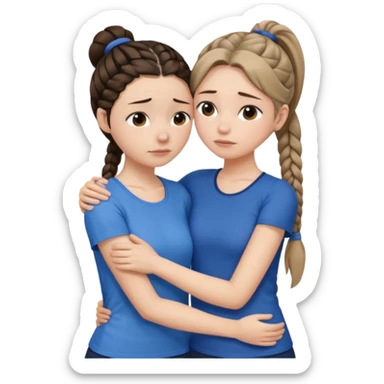 Comforting Hug two white skin women, one shorter woman with medium brown simple top ponytail, not braided, and one taller skinny sad face woman with a single long black side braid sticker