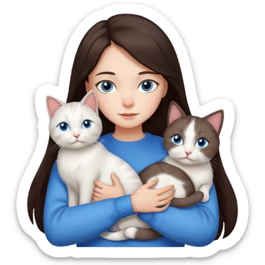 a girl with long dark 
brown hair, with blue eyes, in a
white sweater, hugs 3 different natural coloured cats sticker