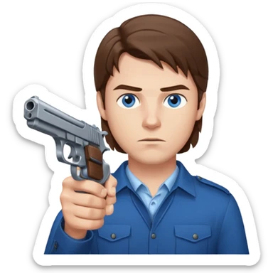 guy w medium long brown hair and blue eyes with gun pointed towards him sticker