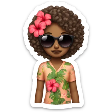 Girl with curly hair wit hibiscus flower and sunglasses sticker