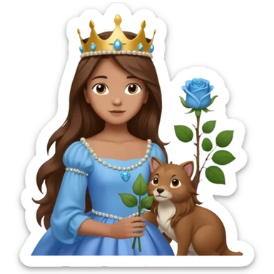 a 12 year old girl with shinny long brown hair and pretty green eyes that have long dark eye lashes wearing a sky blue gown in a beautiful forest with adorable animals and stunning roses and lilacs surrounding her as she smells the only sky blue rose she is also wearing a crown that has pearls sticker