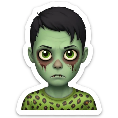 Zombie boy with green skin and sleepy eyes and scars on his face and a shirt that has cheetah texture and black hair sticker