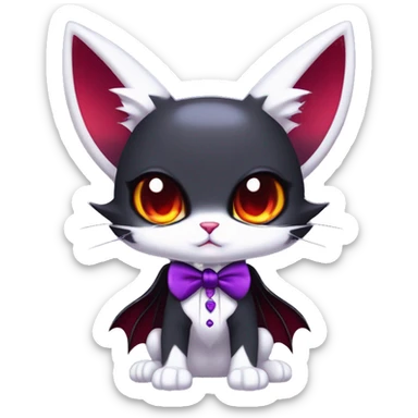 Cute-Evil-Vampiric-Batty-Cat-Black-Purple-Red-White-Contrast-Colors-Fantasy-Fur-Sona-Chibi-Shiny-Fakémon-Hybrid with horns and big fangs neck bow white tie leg spats full body sticker