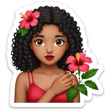 Girl with brown skin with black curly hair holding hibiscus flowers sticker