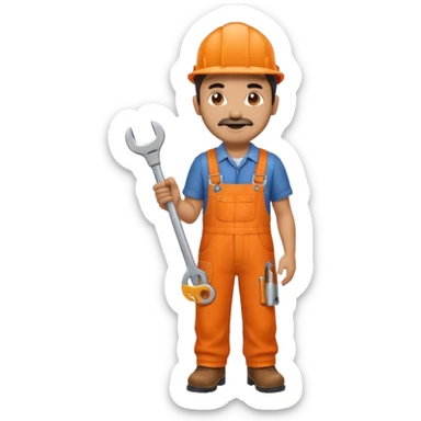 Indian male railway engineer orange overalls, boots holding a spanner sticker