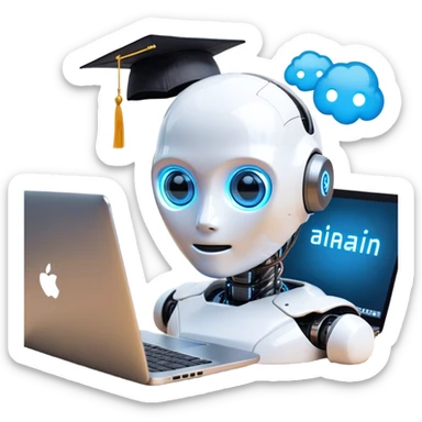 A combination of emojis representing artificial intelligence skills. A small humanoid robot head (🤖) with glowing blue eyes, a brain icon (🧠) beside it, and a laptop (💻) underneath, symbolizing AI-powered computing. Above the robot, a graduation cap (🎓) hovers slightly, indicating learning and education in AI. Small digital sparks or circuit-like patterns connect the elements, creating a futuristic and tech-inspired emoji style. The background is plain white sticker
