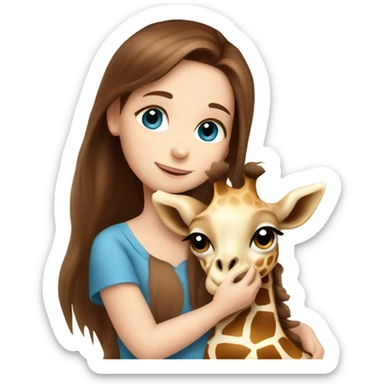 long brown hair girl with blue eyes cuddling a cute baby giraffe sticker