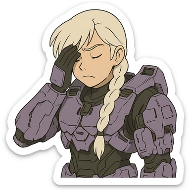 female, wearing reach spartan armor shoulder-unequip, long white braid hair with massive messy front side single bangs, gold yellow eyes, attention pose, HALO:series, no helmet, the armor is lavender color scheme, facepalm, smh, eyes closed sticker