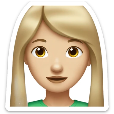girl with long hair and straight light brown bangs. Her skin color is very white with a little freckles and her eyes are green and brown. sticker
