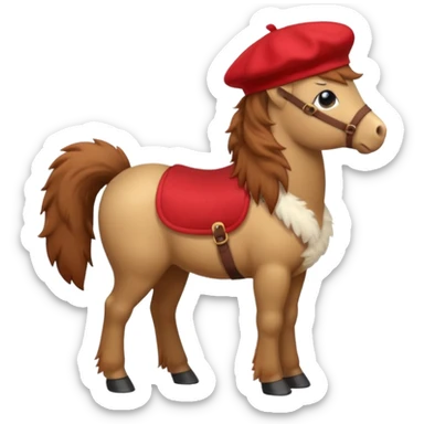 A cute pony (horse) emoji, full body, standing in side view, wearing a stylish red beret. sticker
