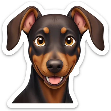 cinematic-comical-doberman pinscher-portrait-emoji,-head-tilted-dramatically-with-an-exaggeratedly-amused-expression,-featuring-a-vibrant-black and tan-fur-with-a-lively-sheen,-wide,-expressive-brown-eyes-filled-with-playful-disbelief sticker